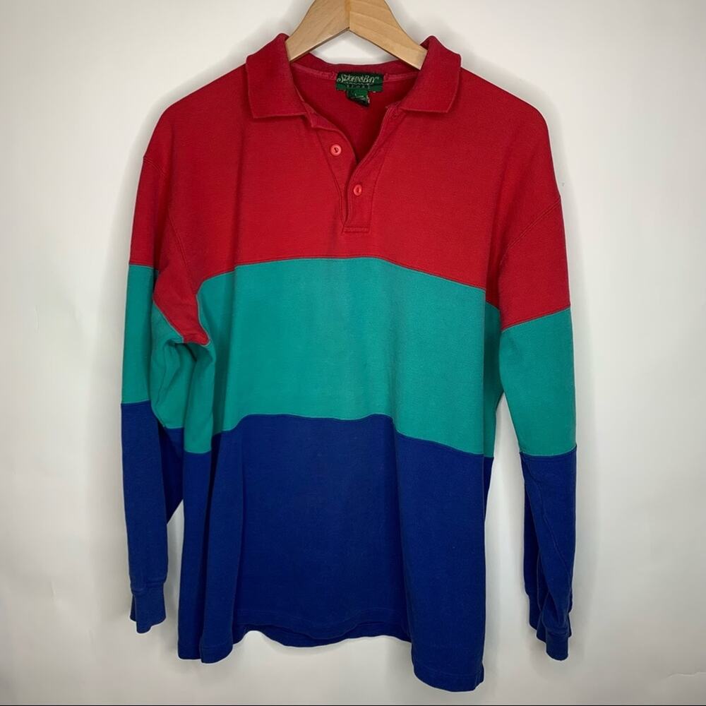 Colorblock Red Blue Green Polo Long Sleeves Large